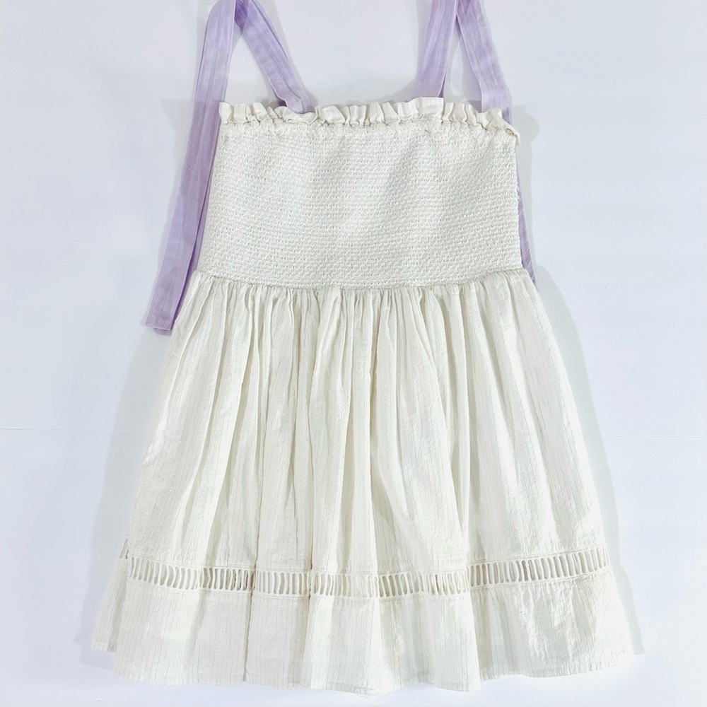 C & L Designs White Girls Dress Purple Straps Size 4/6? Smocked Stretchy Top